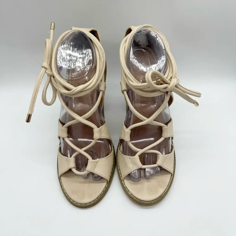 UO Silence + Noise Sofia Lace Up Ankle Tie‎ Heel Sandals Cream Size 9 Boho Glam